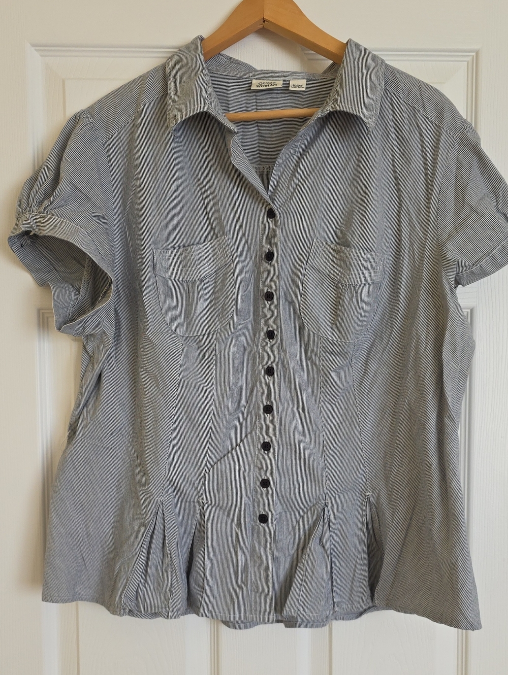 Talbots Blue-Striped Short Sleeve Button Front Blouse